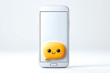 A cheerful chat bubble emoji displayed on a smartphone screen, symbolizing communication and digital interaction.