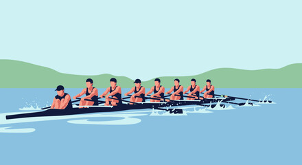 Group of rowers in a boat on a serene lake with hills in the background. © Abhinaya Project