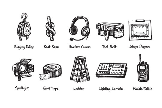 Hand-drawn black and white sketches depict essential film and stage production equipment on a clean white background. Use for film, entertainment, theatre.