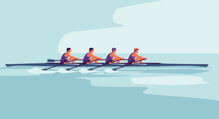 Three rowers in a boat on calm water. © Abhinaya Project