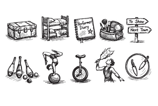 Black and white hand-drawn circus themed vector illustration with a trunk, bed, diary, show sign, makeup bag, juggling items, acrobat, unicycle, showman, knife thrower.