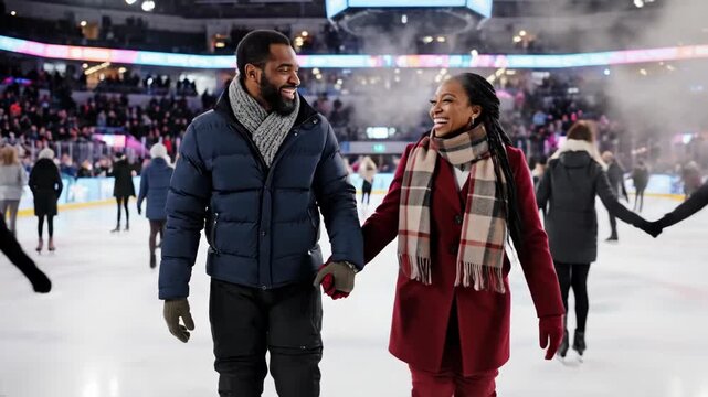 Happy African American couple ice skating hand in hand at night. Romantic winter date on a crowded outdoor rink. Man and woman laughing and gliding together during the holidays. Valentine's Day
