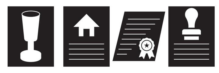 Legal document icon . Collection of black legal and business document icons representing contracts, certification, approval, law, administration and official paperwork concepts.
