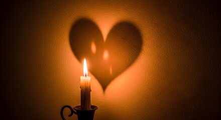 Heart shape shadow cast by a lit candle on a textured wall, warm glow