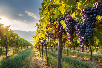 Sunny Vineyard with Lush Green Vines and Fresh Ripe Grapes, Agriculture and Harvest Concept