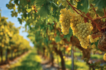 Sunny Vineyard with Lush Green Vines and Fresh Ripe Grapes, Agriculture and Harvest Concept