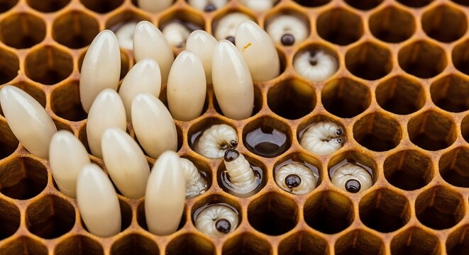 Honeycomb cells show developing larvae and capped brood in close-up.