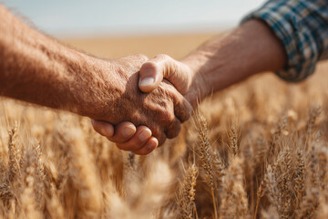 Handshake in Golden Wheat Field, Symbolizing Agricultural Partnership, Collaboration, and Harvest Success