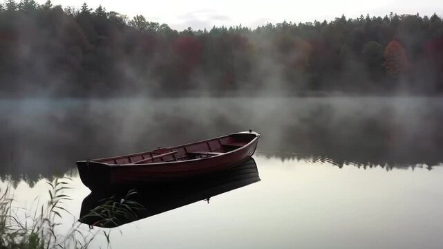 Wooden rowboat floating on a tranquil lake with mist and autumn trees.