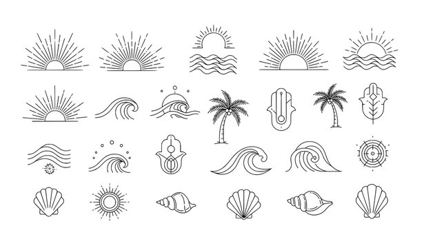 Minimal boho surf and ocean line symbol vector collection