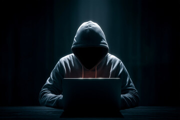 nonymous Hacker in Hooded Sweatshirt Using Laptop in Dark, Cybersecurity and Digital Threat Concept
