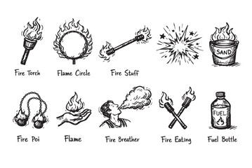 Black and white illustration showing different elements for fire performance: torch, poi, eating, breathing, suitable for safety manuals, event planning, or tutorials.