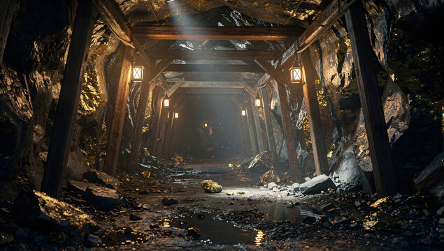 Cinematic 3D visualization of gold mining, highlighting raw ore, glowing gold veins, and dramatic geological environments with realistic lighting and depth. AI Generated.