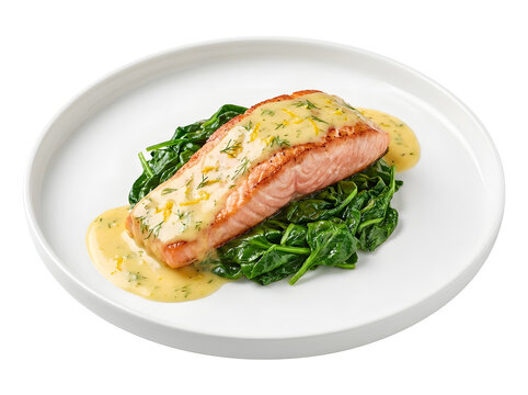 Lachsfilet mit Spinat und Zitronensauce, auf wei&szlig;em Hintergrund