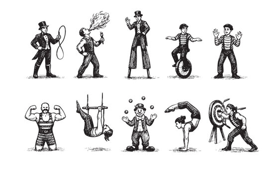 Collection of hand-drawn circus performers in vintage style, featuring diverse characters such as fire breather, acrobat, clown, strongman, and archer against a white background.