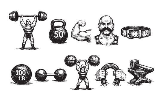 A hand-drawn illustration shows a strongman with weights, kettlebell, flexed bicep, and blacksmith's tools, rendered in a vintage sketch style suitable for design assets.