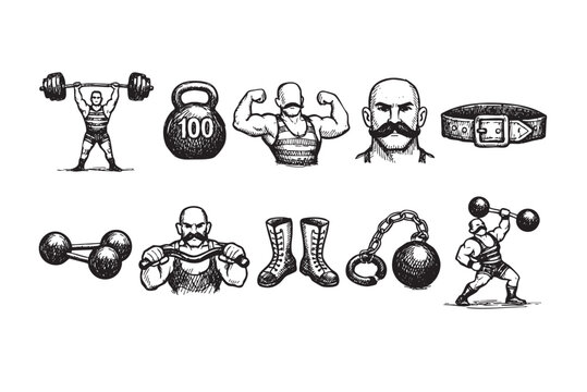 Hand-drawn set of strongman imagery including weightlifters, kettlebell, boots, and accessories in a vintage illustration style, great for fitness and retro designs.