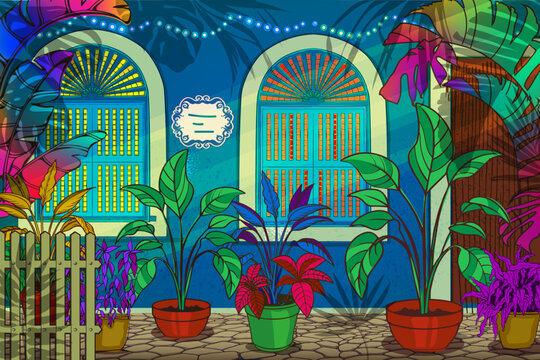 Colorful vector wallpaper illustration of a tropical house street in Panaji Goa India. Vibrant colonial facade with windows, plants and palm leaves creating a lively urban atmosphere