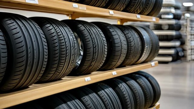 Tires are arranged on shelves in a store. Customers can browse different types and sizes of tires for their vehicles