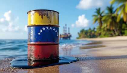 Cracked Oil Barrel Painted in Venezuelan Flag on Coast with Offshore Rigs – Realistic Energy Symbol Concept (8K)