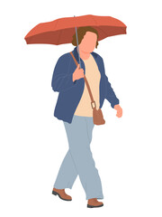 Woman with red umbrella walking. Rainy weather day. Vector illustration isolated on white background.