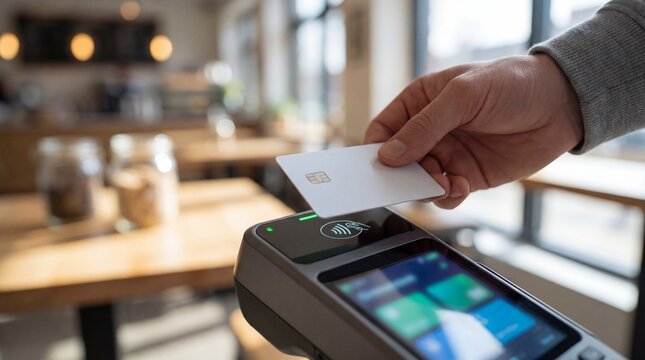 Close-up of a hand presenting an unbranded payment card to a generic contactless terminal in a bright caf&eacute; setting with soft bokeh and marketing copy space.