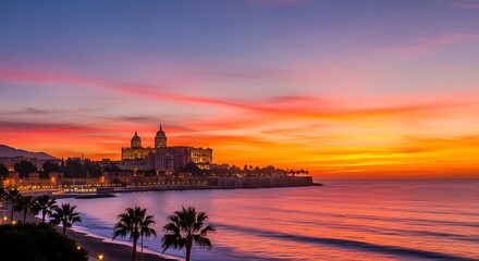 Naklejka premium Coastal cityscape bathed in a vibrant sunset's warm glow.