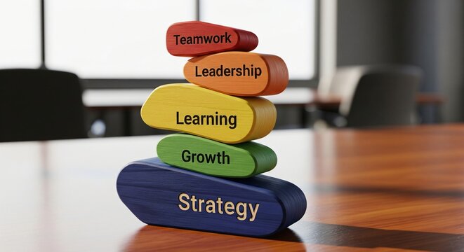 Stacked colorful wooden blocks with words Strategy Growth Learning Leadership Teamwork balanced on a desk