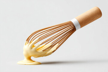 A whisk with a wooden handle drips creamy batter, showcasing a blend of kitchen tools and culinary creativity.