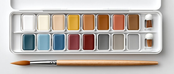 Obraz premium A watercolor palette with various paint colors and a brush, perfect for artists seeking to create vibrant artworks.