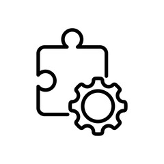 Obraz premium Puzzle piece with gear mechanism, linear icon. Problem solving, integration, technical solution, logic process. Line with editable stroke