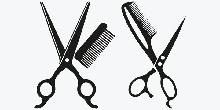 Haircut logo with comb and scissors sketch illustration vector set