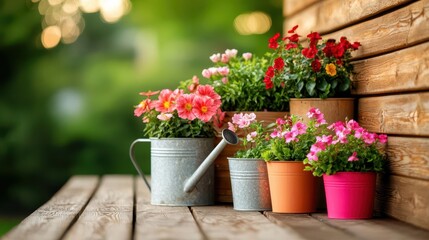 Cozy wooden cottage with vintage watering cans, warm lighting, and flower boxes