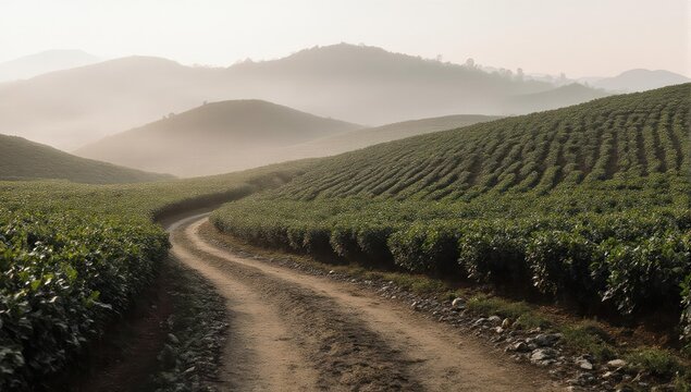 Rolling green hills of tea fields with a dirt road winding through mist