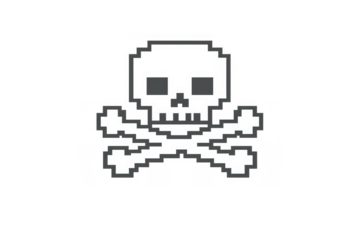 Pixel art skull and crossbones symbol representing danger, toxicity, death, or alert in video games, transparent background
