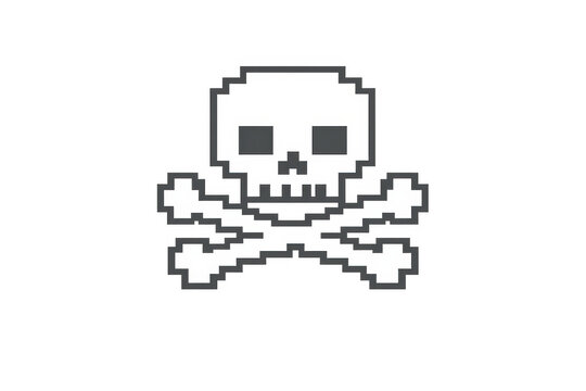 Pixel art skull and crossbones symbol representing danger, toxicity, death, or alert in video games, transparent background