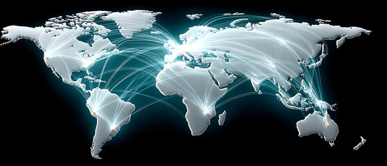 A digital world map illustrating global connectivity with glowing lines representing data transfer or communication pathways.