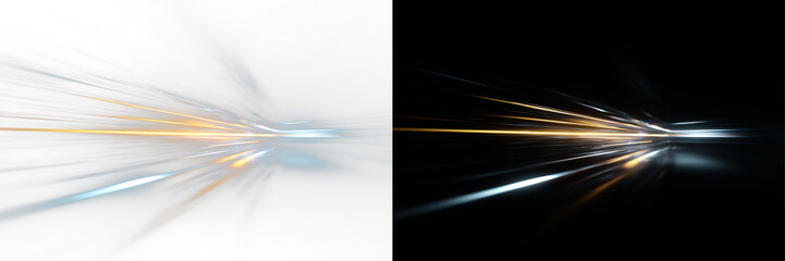 Neon blue and golden yellow abstract speed lines, glowing light motion effect PNG, transparent background