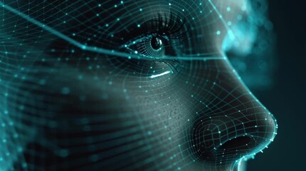 Advanced facial recognition technology on a human face, depicted with glowing digital wireframe grid for biometric security and AI-powered identity verification in a futuristic context - Powered by Adobe