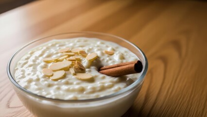 Fototapeta premium Creamy rice pudding in a glass bowl. Garnished with slivered almonds and a cinnamon stick on a wooden table. Traditional homemade dessert