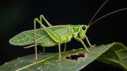 Fototapeta premium Leaf mimic katydid insect on green leaf with water droplets