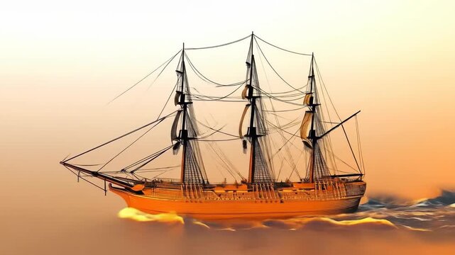 Illustration of a majestic sailing ship navigating the open sea during a golden sunset.