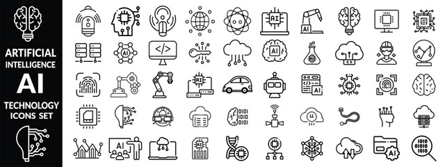 Artificial intelligence set of web icons in line style. AI technology icons for web and mobile app. Machine learning, digital AI technology, algorithm, smart robotic, cloud computing network. icon set