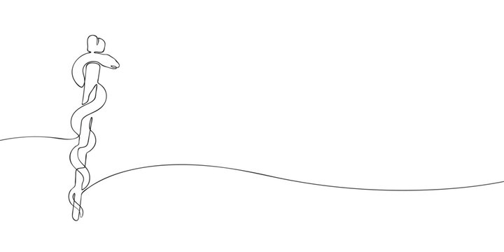 Minimal line illustration of the Rod of Asclepius, a medical symbol featuring a serpent wrapped around a staff, representing healthcare, healing, medicine, and medical professions