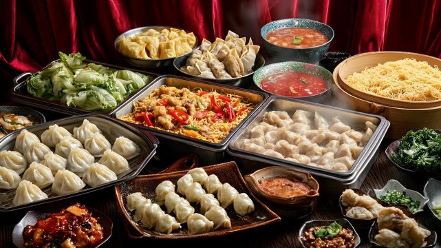 A lavish buffet spread showcasing diverse asian cuisine including dumplings noodles and assorted dishes presented on a dark wooden table with elegant red drapes