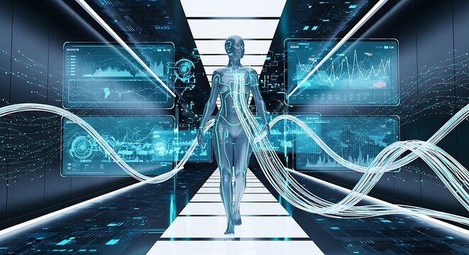 Humanoid figure interacts with futuristic digital interfaces and data streams.