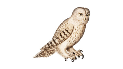 An illustration of a cream-white owl with brown spots, giving the impression of a snowy owl or a barn owl. 