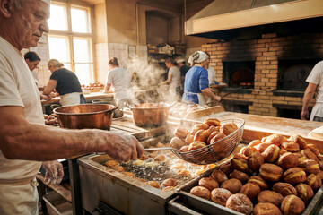 Senior male baker frying batch of fresh yeast doughnuts in deep oil within busy traditional rustic manufacturing kitchen