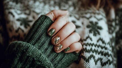 Woman's hand displaying festive manicure resting near thick knitted garment with patterned design