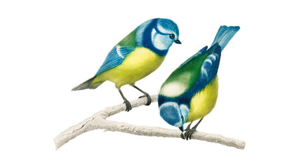 Illustration of two Blue Tit birds perched on a branch, showcasing the bright blue color on their heads and wings, and yellow bellies. 